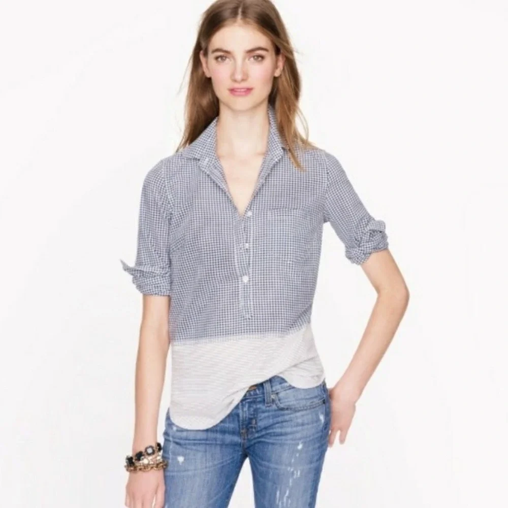 J.Crew‎ Blue White Gingham & Striped Pop Over Shirt 4